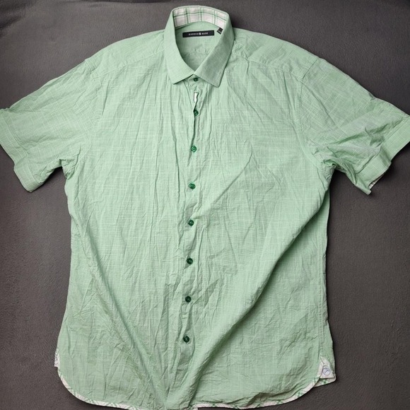 Hammer Made Shirt Mens L/XL 17 Green Short Sleeve Button Up Cotton Plaid Trim - Picture 2 of 11